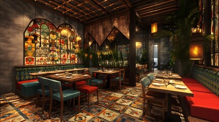 A dynamic restaurant with vibrant 3D-rendered themes and decor