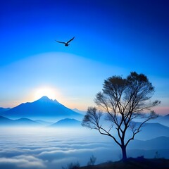 Landscape with clouds with mountains.