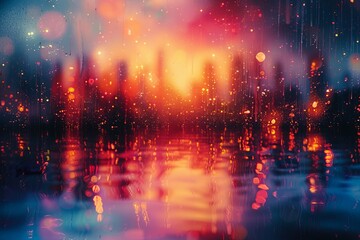 Colorful cityscape with a reflection of the city in the water. Scene is vibrant and lively