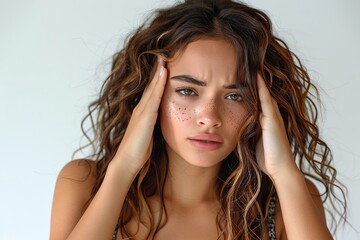 Obraz premium Young woman having headache isolated on white background