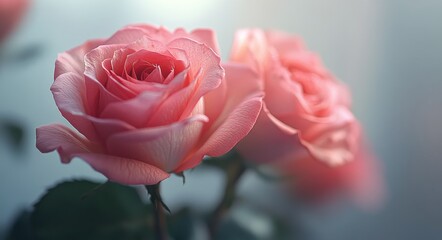 Delicate pink roses arranged beautifully against a soft blue background in tranquil lighting