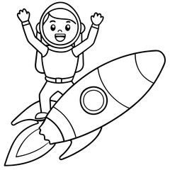 Astronaut waving from a rocket ship, line art for kids