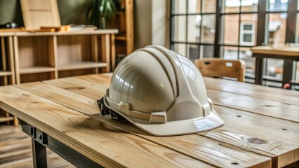 High-resolution stock photo of a construction helmet placed on a rustic wooden table, with natural lighting casting soft shadows