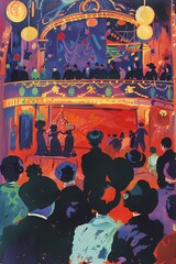 Painting of a large theater with audience and actors on stage