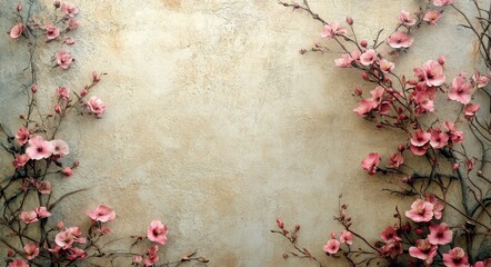Soft pink blossoms adorn a textured wall in a serene, earthy setting during springtime