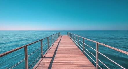Fototapeta premium Wooden pier extending into a calm blue sea under a clear sky on a sunny day