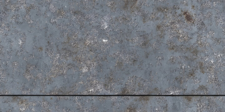 Seamless galvanized sheet metal panel background texture. Tileable industrial splotchy spotted iron alloy or steel plate repeat pattern. 8K high resolution silver grey rough metallic 3D rendering.