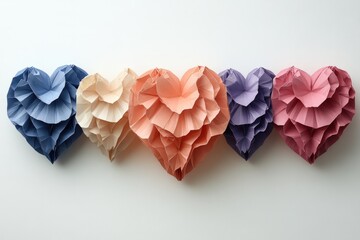 Five colorful paper hearts in a row on a white background.