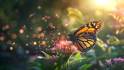 Obraz premium Monarch butterfly resting on a pink flower in a dreamy, sunlit garden, surrounded by glowing particles