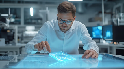 A man in a white shirt and glasses interacts with a 3D holographic model of an advanced computer chip on a transparent table in a modern, well-lit setting.