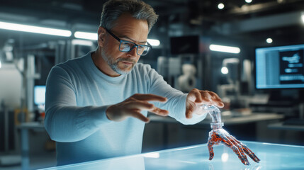 A man in casual business attire and glasses interacts with a holographic 3D biomechanical arm model on a transparent table in a modern, lit atmosphere.
