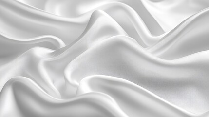 Glossy white fabric with freeform curves, creating a flowing, reflective wave pattern, soft focus and elegant sheen.