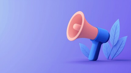 A vibrant megaphone design, symbolizing communication and engagement, set against a soft purple background with decorative leaves.