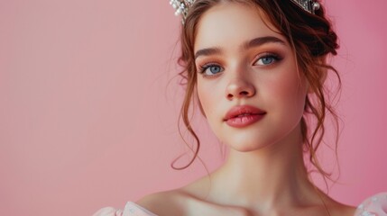 Naklejka premium beautiful sixteen girl with dress and crown on pink background