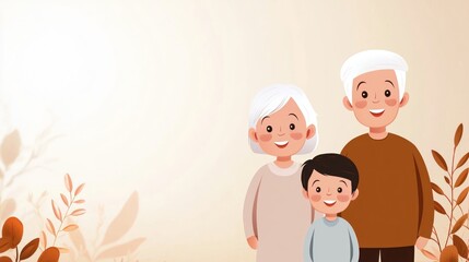 Cheerful family portrait featuring grandparents and a grandchild, set against a warm, neutral background with soft foliage.