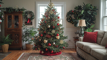 Christmas tree decorated with: pinecones, ribbons and wooden ornaments. The tree in the room creating a cozy, earthy holiday atmosphere.