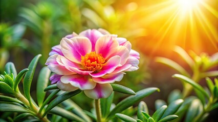 Flower Portulaca in the morning garden with sunlight, symmetrical