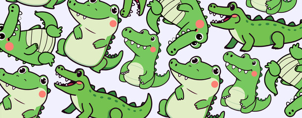 Naklejka premium Cute Cartoon Crocodile Pattern - Kawaii Reptile Seamless Background