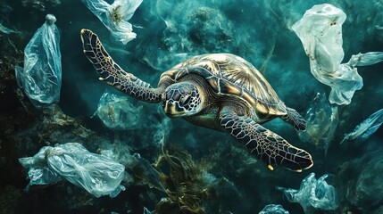 Fototapeta premium Sea turtle surrounded by dirty water and floating plastic bags, struggling to differentiate between food and waste.