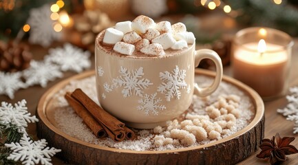 Fototapeta premium Warm mug of hot cocoa topped with marshmallows and spices on a cozy winter table setting