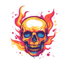 Vibrant grunge skull logo featuring flames on a bold white backdrop for edgy designs