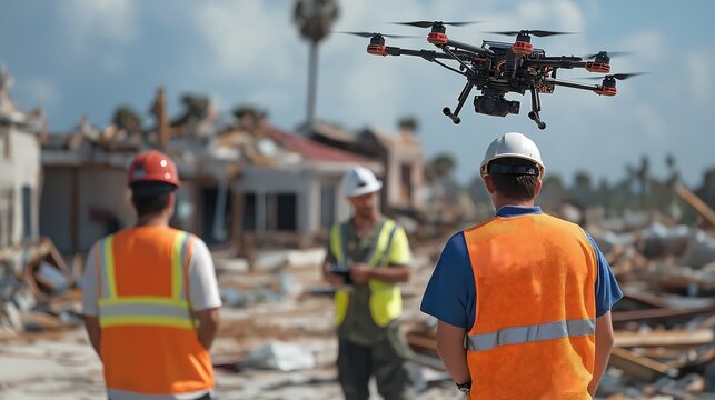 A disaster response team deploying drones to assess damage and plan risk mitigation efforts.
