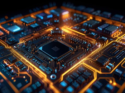 Dynamic Movement in Glowing Electronic Circuits and Microchips: Illuminating Electronic Circuits (electronic circuit board with processor)