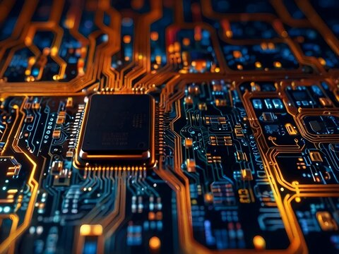 Dynamic Movement in Glowing Electronic Circuits and Microchips: Illuminating Electronic Circuits (electronic circuit board with processor)