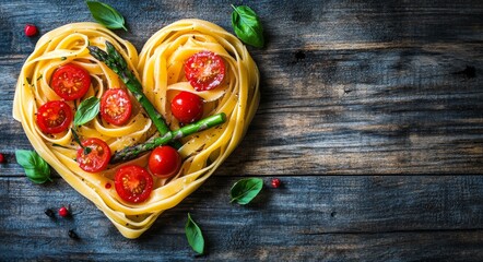 Heart-shaped pasta arrangement with fresh tomatoes and asparagus on rustic wooden table