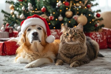A dog with a cat in Santa Claus hats. The Christmas concept.