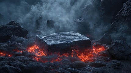 Stone podium amidst lava and volcanic rocks, dark sky and fume create a fiery, intense atmosphere for product display