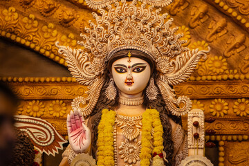 Subho mahalaya, An idol of Goddess Durga decorated in Pandal. Durga Puja is biggest religious...