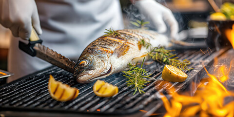 Chef grills whole fish with herbs and lemons on flaming barbecue