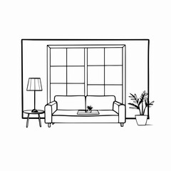 Minimalist Living Room with Large Window and No Sofa – Vector Art