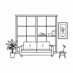 Minimalist Living Room with Large Window and No Sofa – Vector Art