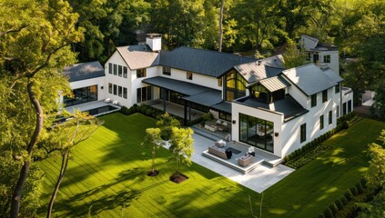 Modern White House with Black Accents and Expansive Lawn