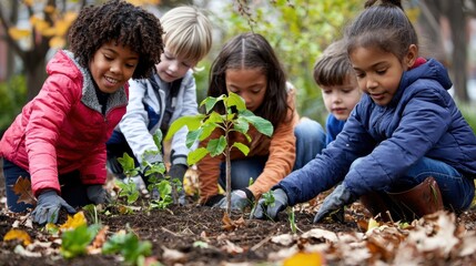A diverse group of children planting trees in a community garden for Thanksgiving while learning about sustainability and the environment