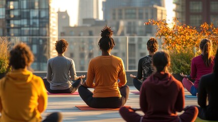 Thanksgiving morning yoga session on a rooftop overlooking the city diverse group of participants in warm autumn colors