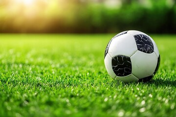 Fototapeta premium A classic black and white soccer ball resting on vibrant green grass, perfect for sports, games, and outdoor activities.