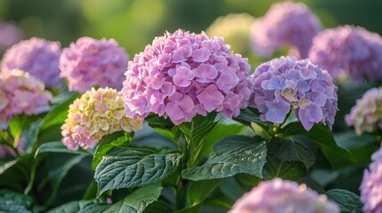 Tranquil Morning Glow on Blooming Pastel Hydrangea Bush