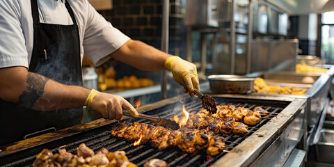 Chef grilling marinated chicken on open flame in professional kitchen setting