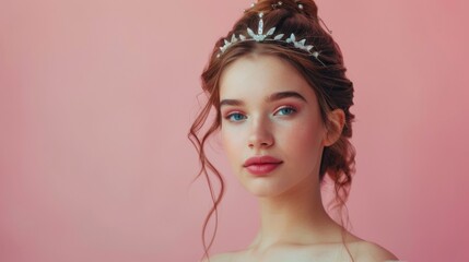 Naklejka premium beautiful sixteen girl with dress and crown on pink background