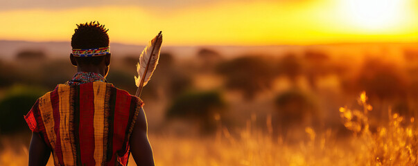 Obraz premium A silhouette of an indigenous man at sunset, showcasing cultural attire against a stunning golden landscape.