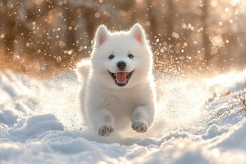 White Puppy Running in Snow with Bokeh Background