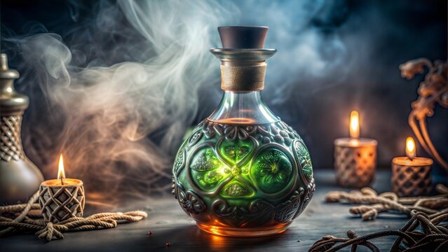 Enchanted Green Potion Bottle with Intricate Design Amidst Smoke and Candlelight