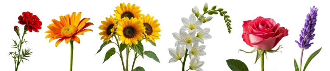 Fototapeta premium Colorful Bouquet: A vibrant array of blooming flowers, including a red carnation, orange gerbera daisy, yellow sunflower, white freesia, pink rose, and purple lavender. Each blossom stands tall again