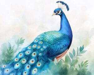 Fototapeta premium A vibrant watercolor painting of a peacock showcasing its beautiful feathers in soft natural surroundings.