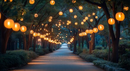 Enchanted lantern-lit pathway through a serene forest at twilight capturing nature's beauty