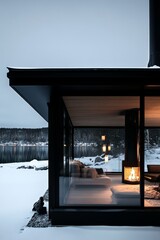 Modern house with panoramic windows in a Winter forest on the lake shore. the concept of winter holidays