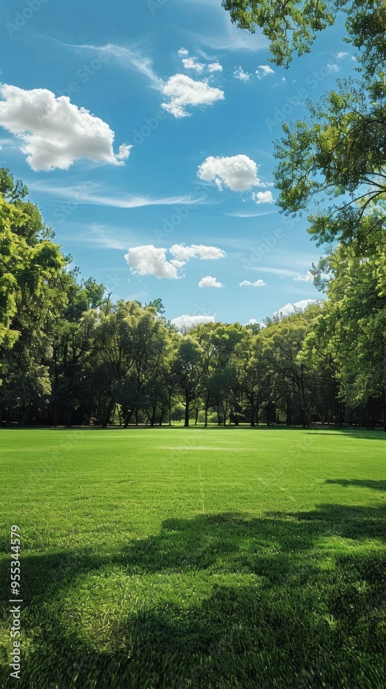 Poster a large, open field with trees in the background and a clear blue sky